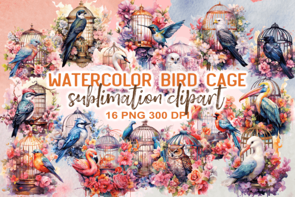 Download Watercolor Bird Cage Sublimation Clipart - Bird Collection